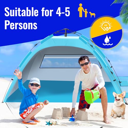 Beach Tent Sun Shelter – Pop Up Easy Setup in 3S Instant Tents for 4/5 Person Beach Umbrella Sun Shelter Shade, UV 50+ Protection, Wind Resistant, Lightweight Portable Baby Tents Shade for Family