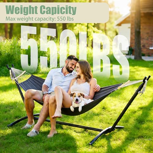 Free Standing Hammock with Stand, 550lbs Capacity - Anti-Flip Curved Spreader Bars - Premium Cotton Portable Hammock for Deck, Porch, Garden - Easy Assembly with Carrying Bag, Heather Gray - color: Heather Gray