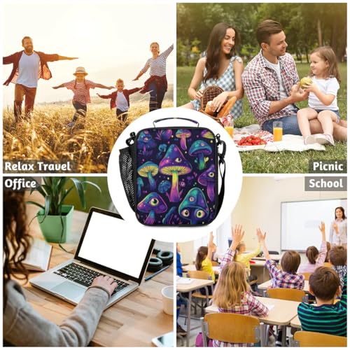 Mushroom Lunch Box for Kids Insulated Cooler Bag with Side Pocket Reusable Leakproof Lunchbox Tote for Work School Picnic Travel - color: Mushrooms