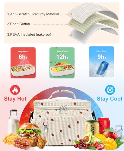 Insulated Lunch Bag for Men & Women, 9L Leakproof Lunch Box Soft Cooler Tote with 5 Pockets, 600D Oxford, EVA Lining, Adjustable Strap for Work, Picnic, Beach&Travel-Corduroy Strawberry - color: Corduroy Strawberry, size: Single