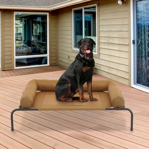 MoNiBloom Outdoor Elevated Dog Bed w/Removable Bolster, Portable Raised Outdoor Dog Bed with Stable Anti-Slip Feet & Breathable Mesh, 55 Inches Length, Light Brown - color: Light Brown, size: 55"L