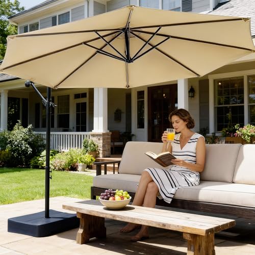 OLILAWN Cantilever Offset Patio Umbrellas, Outdoor 10 feet Large Patio Umbrella with Base Included, Upgraded Yarn-dyed Fabric Shade, Sturdy 8 Rids, 360 Degree Rotation & Easy Tilt Adjustment, for Pool Deck Porch Backyard Garden - color: Beige, size: 10FT