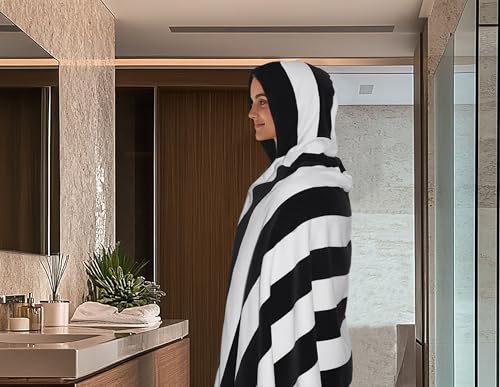 COTTON CRAFT Hooded Beach Towel – Oversized 39 x 68 Towel with Hood for Adults - 100% Ringspun Cotton Velour Terry Towel - 450 GSM Super Soft Plush Absorbent Quick Dry Bath Wrap – Cabana Stripe Black - color: Cabana Stripe - Black, size: 1 Pack - 39x68 Ho