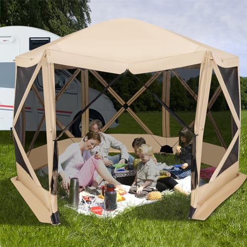 Tangkula 11.5x11.5 Ft Pop Up Gazebo with Netting, Portable Screen Tent with 6 Sided Mesh Walls, 2 Sunshade Cloths, Outdoor Instant Canopy Shelter with Carry Bag for Camping, Lawn, Backyard - color: Coffee, size: 11.5x11.5 Ft
