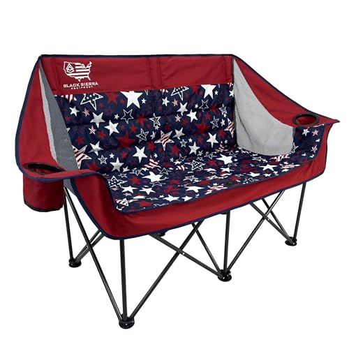 Black Sierra Patriotic Double Camping Chair, Padded Oversized Loveseat, 2 Person Folding Seat, 500 lb Capacity, USA Flag Outdoor Sofa for Beach, Tailgating, RV, Sports, Patio - color: Red Stars and Stripes