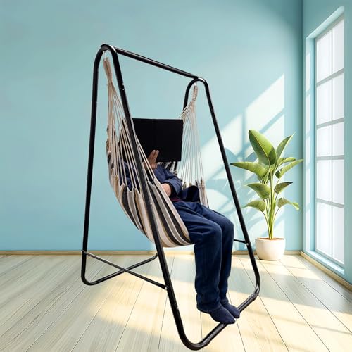 Hammock Chair with Stand,Hammock Chair Stand with Hanging Swing Chair Included,Weather Resistant Hammock Stand Max 450 Lbs,Saving Space Swing Stand for Indoor Outdoor Patio Yard Patented(Coffee)