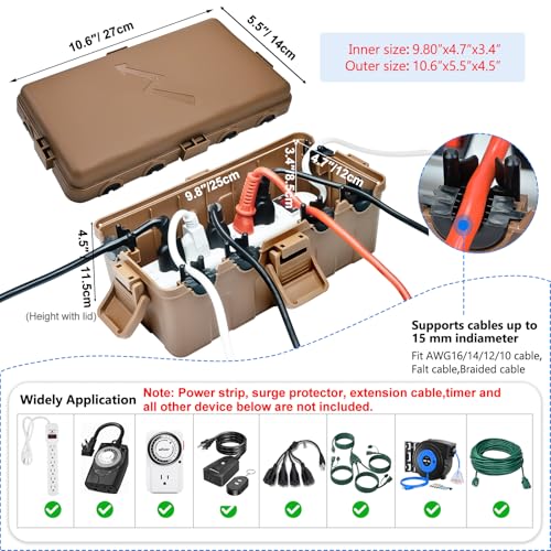 Hrensaw Medium Outdoor Electrical Box(10.6x5.5x4.5inch),IP54 Waterproof Extension Cord Cover w/6 Cable Entry,Weatherproof Connection Box Protect Power Strip,Timer,Plug,Holiday Lights,Brown - color: Brown, size: Medium