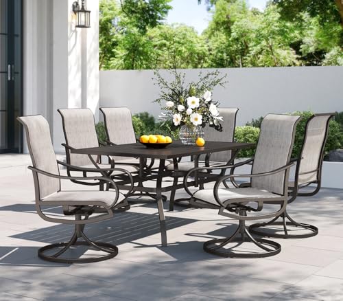 PHI VILLA Patio Dining Set for 6, Large Metal Table and 6 Outdoor Swivel Dining Chairs with Textilene Mesh Fabric, All Weather Patio Dining Furniture Set for Deck Lawn Garden (Gray) - color: Grey Fabric, size: 60"L x 38"W x 28"H-7 Piece-Metal