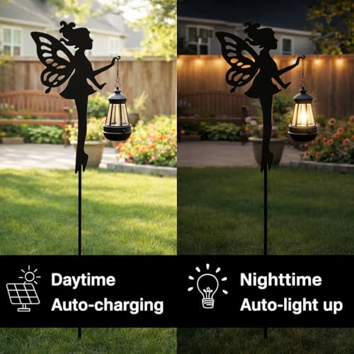 Solar Fairy Garden Accessories Outdoor 1 Pair - Metal Stakes Decorative Figurines Housewarming Ornament for Patio, Lawn, Yard, Pathway - Unique Gift Ideas for Mom Grandma (Warm Lighting)