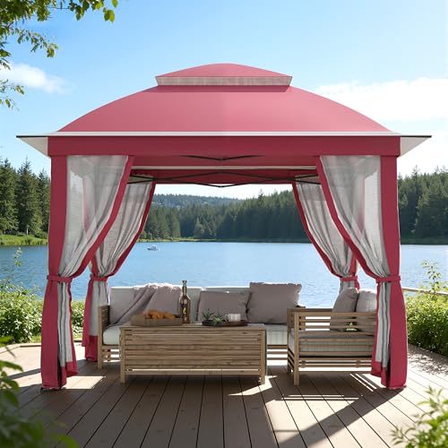11'X11' Gazebo Pop Up with 4 Sidewalls Mosquito Netting, Heavy Duty Patio Gazebo Canopy Tent with Double Air Roofs for Backyards, Patios, Decks, Gardens, Parks - color: Pink Top