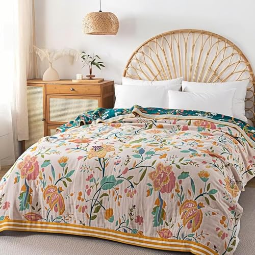 Boho Throw Blanket for Bed 100% Cotton Bohemian Blankets Ultra Soft Woven Muslin Decorative Blankets All Seasons Vintage Quilt Knitted Blanket for Sofa Chair(Yellow, 60"x80") - color: P-1--yellow, size: 60"x80"