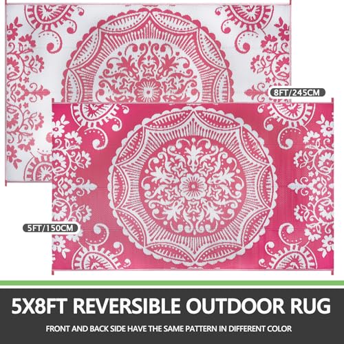 Capslpad 5x8 Outdoor Rug Waterproof Pink Boho Floral Patio Carpet Portable Plastic Straw Rug Foldable Outside Carpet with Carry Bag for RV Backyard Balcony Bench Picnic Porch - color: Pink, size: 5' x 8' (Rectangular)