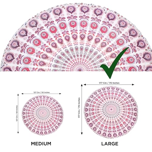 raajsee Mandala Round Beach Tapestry Hippie Mandala/Boho Decor Beach Blanket/Indian Cotton Throw Bohemian Round Table Cloth Mandala/Yoga Mat Meditation Picnic Rugs (WHITE PINK) - color: WHITE PINK