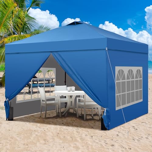 GDY 10x10 Pop Up Canopy Tent with 4 Sidewalls, Easy Set up with One Push Lift Outdoor Silver Coated Beach Gazebos, Carpas with 4 Sandbags, for Events, Parties, and Camping, Navy Blue. - color: Blue, size: 10x10 with 4 Sidewall