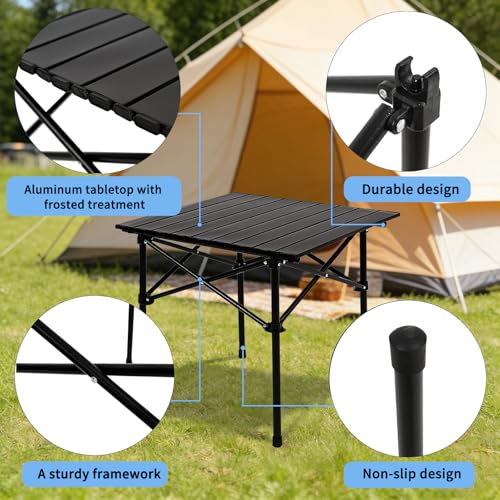 Camping Table Folding Portable Camp Table with 2 Chairs, Folding Picnic Table with Carry Bag Indoor Outdoor for Camping, Beach, Patio, RV, Backyard BBQ, Sturdy, Stable, Easy to Carry, Black - size: 22*22*19.5inch + 2 chair