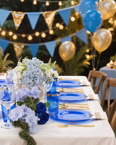 Nervure 350PCS Blue Plastic Plates - Blue Plastic Dinnerware Sets for 50 Guests - 100 Disposable Plates, 150 Gold Silverware, 50 Cups, 50 Napkins for Wedding & Party - color: Transparent Blue