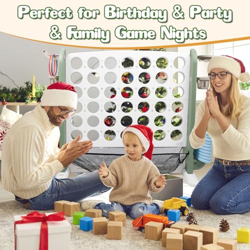 Ancaixin Giant 4 in-A-Row Connect Game Set, Adjustable Height Jumbo Yard Game with Basketball Hoop, Golf, Mesh Pocket & Ring Toss, Indoor Outdoor Family Backyard Party Game for Kids and Adults, White - color: White
