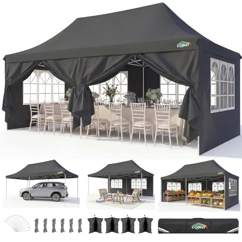 COBIZI 10x20 Pop Up Canopy with 6 Sidewalls, Conical Canopy Tents for Parties, Backyard, Commercial, Waterproof Event Tent Instant Shelter UV50+ Outdoor Gazebo with 4 Sandbags (Peak Drainage) - color: Pure Black, size: 10x20FT