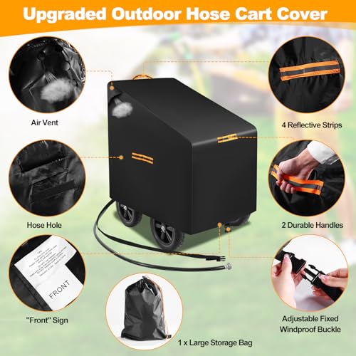 Hose Reel Cart Covers for Outside,Heavy Duty 420D Hosepipes Cover for Garden with Air Vent,Waterproof Strip,2 Reflective Strip Handles,Univeral Protective Hose Holder Cover,All Season Protection