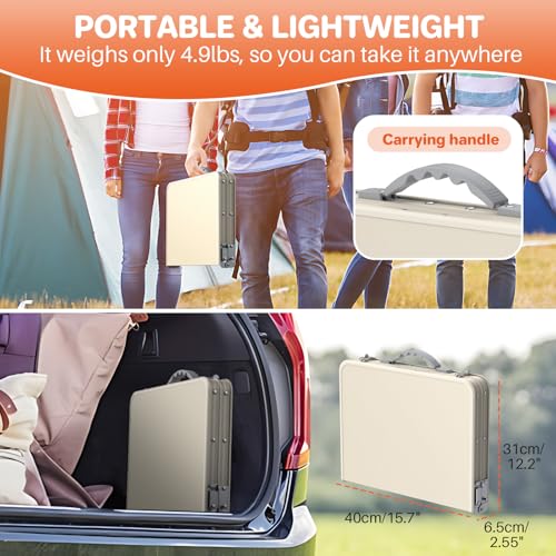 FUNYKICH Camping Table with Waterproof Plastic Tabletop 22.8''x15.7'', 3 Height Adjustable Small Folding Table, Lightweight Portable Picnic Table with Carry Handle for Picnic, Beach, Travel, White - color: White