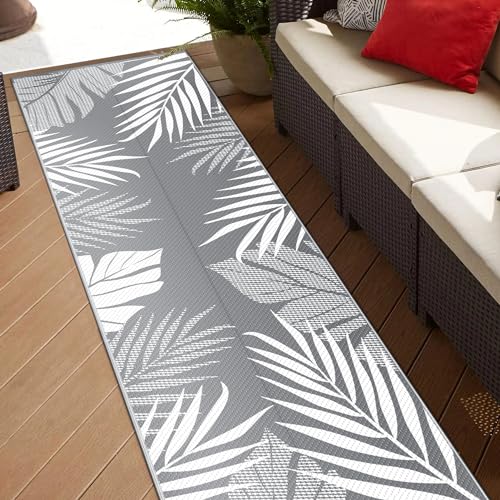 GENIMO Outdoor Rug 2.5' x 8' Waterproof for Patios Clearance, Reversible Outdoor Plastic Straw Hallway Runner Rug Carpet, Entryway Rugs Mats for Deck, Porch, Balcony, Camping, RV, Camper, Grey&White - color: Grey & White | Waterproof, size: 2'6" x 8' (Rec