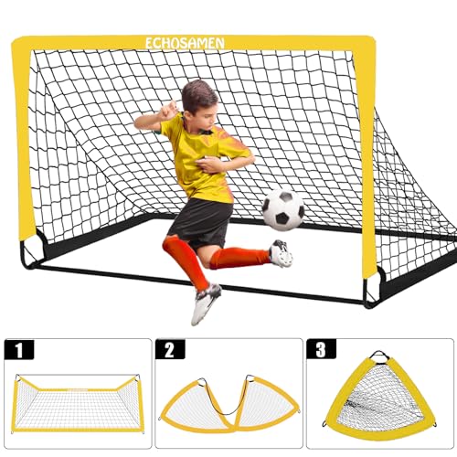 Kids Soccer Goals for Backyard, 2 of 6 x 4 ft Kids Soccer Goal Set Soccer Net with 10 Soccer Cones, Agility Ladder & Carry Bag, Portable Soccer Training Equipment. - color: Yellow