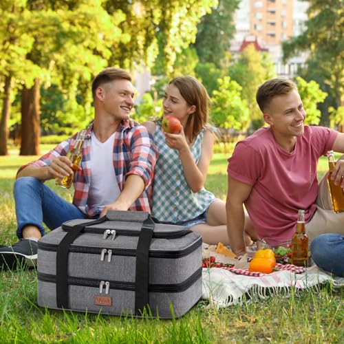 Lifewit Double Decker Casserole Carrier for Hot and Cold Food, Insulated Casserole Dish Carrier Carrying Case with Tool Room, Thermal Bag for Potluck Parties Cookouts Fits 9"×13" Baking Dish, Gray - color: Gray