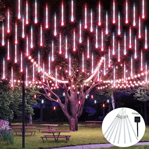 JMEXSUSS Red and White Solar Meteor Shower Rain Lights, 8 Tube 144 LED Solar Christmas Lights for Party Holiday Yard Patio Decorations - color: Red&White, size: 1*144LED