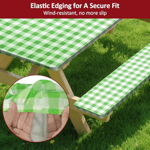 6ft Picnic Table and Bench Cover, Camping Essentials RV Gear, 72in Waterproof Windproof Outdoor Elastic All Around Tablecloth, Fitted Rectangle Tables and Seats, Green-White Checkered - color: Green-white Checkered, size: 72"