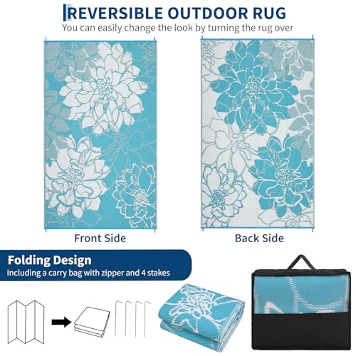 GarveeHome Outdoor Rug Waterproof 8x10 Reversible Outdoor Plastic Straw Rug Modern Floral Patio Rugs Indoor Outdoor Mat RV Mat Outside for Patio Camp Balcony Deck Picnic, Light Blue - color: Floral|light Blue, size: 8' x 10' (Rectangular)