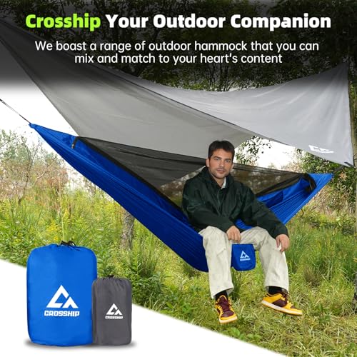 Camping Hammock Mosquito Net with Rain Fly - Rain Fly Tarp & Hammock Bug Net, Portable Parachute Nylon Hammock for Outdoor, Hiking, Backpacking, Backyard, Beach, Travel (Hold Up to 500lbs) - color: Blue