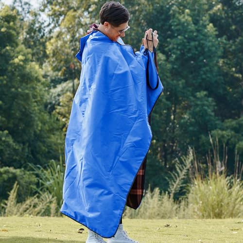 DUKUSEEK Waterproof Stadium Blanket with Hood, Wine Red Plain Waterproof Outdoor Blankets - color: Dark-blue-red-plaid