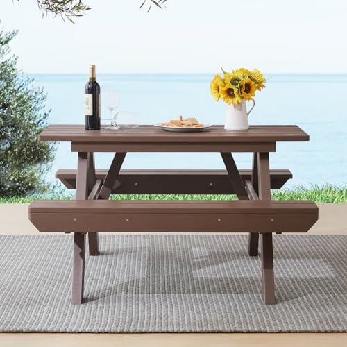 Psilvam Picnic Table with Benches, Heavy Duty Poly Lumber with Umbrella Hole, Weather & UV Resistant Outdoor Picnic Bench Table with Umbrella Hole（Dark Brown）