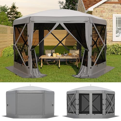 GarveeLife 11.5x11.5FT 6-Sided Pop Up Gazebo Tent，One-Push Setup Canopy Tent with Mesh Panels & Removable Wind Cloths, Outdoor shelter for Camping, Backyard Parties, Outdoor Events - Grey - color: Gray, size: Traditional Top - 11.5ft
