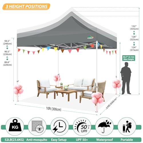 COBIZI 10x10 Canopy Tent with 4 Sidewalls,Heavy Duty Pop up Canopy with Mosquito Netting,Easy up Screen Tent for Parties Wedding Outdoor Camping with Handbag,Gray - color: Gray, size: 10x10FT(Standard)