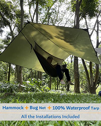 Sunyear Hammock Camping with Rain Fly Tarp and Net, Portable Camping Hammock Double Tree Hammock Outdoor Indoor Backpacking Travel & Survival, 2 Tree Straps,100% Waterproof - color: Green Bundle, size: 78"W*118"L