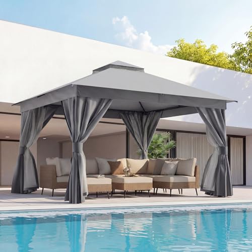 LAUSAINT HOME Gazebo 12x12ft, Heavy Duty Patio Gazebo with Expansion Bolts, Party Canopy Tent with Double Roofs, Mosquito Nettings and Privacy Screens for Backyard, Garden, Lawn, Grey - color: Gray, size: 12'x12'