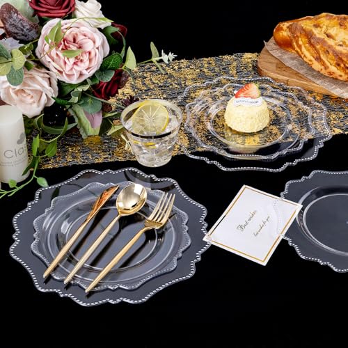COLOSUS 350pcs Clear Plastic Plates Disposable Gold Cutlery Dinnerware set for party: 50 Dinner Plate, 50 Dessert Plate, 50 Per Rolled Napkins with Gold Silverware, 50 Cups 9 OZ for Thanksgiving - color: Clear