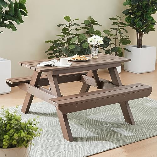 Psilvam Picnic Table with Benches, Heavy Duty Poly Lumber with Umbrella Hole, Weather & UV Resistant Outdoor Picnic Bench Table with Umbrella Hole（Dark Brown）