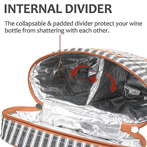 Tirrinia 2 Bottle Wine Gift Tote Carrier - Leakproof & Insulated Padded Versatile Wine Cooler Bag for Travel, BYOB Restaurant, Wine Tasting, Party, Dinner,Gift for Wine Lovers, Black Stripe - color: Black Stripe, size: 2 Bottle-without front pocket