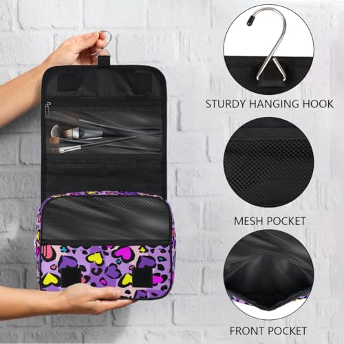 Heart Shape Leopard Skin Print Kids Toiletry Bag for Girls, Waterproof Hanging Makeup Organizer Travel Cosmetic Bag with Hook, Portable Toiletries Case for Sleepovers School Vacations - color: Heart Shape Leopard Skin Print