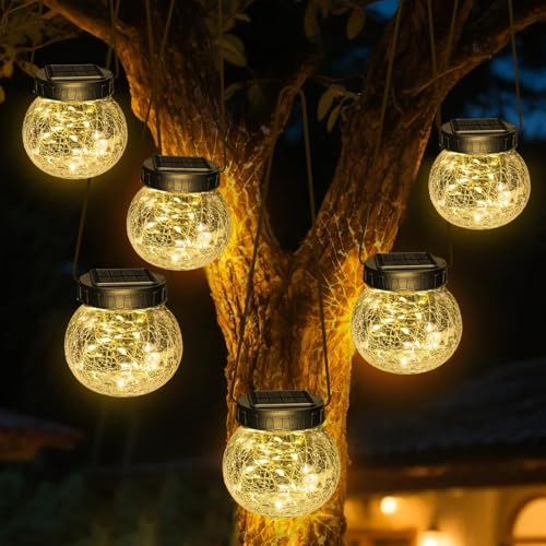 Kolpop Solar Lanterns Outdoor Waterproof 6 Pack, Hanging Solar Lights with 30 LED, Cracked Glass Hanging Globes for Garden Patio Fence Yard Christmas Tree Decoration,Warm White - color: Warm White, size: 6 Pack