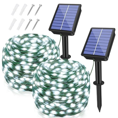 2 Pack Solar String Lights Total 480LED 158FT, IP67 Waterproof Solar Lights for Outside with 8 Modes, Upgraded Solar Panel Fairy Lights for Garden Party Wedding Decorations (Cool White) - color: Cool White, size: 2 Pack-240LED