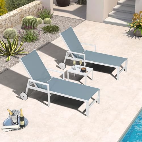 PURPLE LEAF Lounge Chair Outdoor Set 2 Pieces White Aluminum Chaise Lounge with Armrest and Wheels for Pool Deck Patio, Steel Blue - color: Steel Blue, style: Straight-leg w/ Armrest