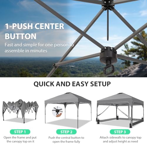 8x8 FT 1-Button Push Pop Up Canopy with 4 Clear PVC Sidewalls, Sandbags, Instant Canopy Tent for Outdoor Events - color: Gray, size: 8x8 with PVC Sidewalls
