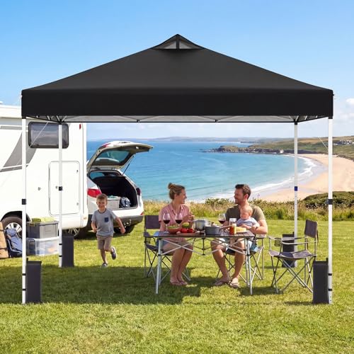 Tangkula 10 x10 Ft Pop Up Canopy with Center Lock, UPF 50+ One-Button Setup Outdoor Canopy Tent with Roller Bag, 4 Sand Bags, Heavy-Duty Steel Frame, 8 Stakes, 4 Ropes for Camping, Picnic (Black) - color: Black