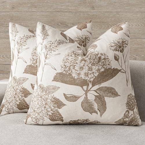 Foindtower Set of 2 Linen Floral Throw Pillow Covers Vintage Accent Print Decorative Cushion Covers Farmhouse Boho Home Decor for Sofa Chair Couch Bedroom Living Room,20×20 Inch,Light Brown - color: Light Brown, size: 20" x 20" (Pack of 2)