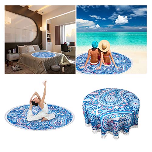 Violet Mist Blue Paisley Round Beach Blanket 60" Soft Microfibre Circular Beach Towel Throw with Fringe Large Sand Free Circle Beach Blanket with Tassels for Women Travel Swimming Pool Picnic Towel - color: Blue Paisley