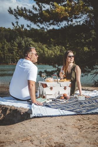 PICNIC TIME Pioneer Deluxe Picnic Basket, Romantic Vintage Wood-Framed Basket Covered in Canvas, Complete Deluxe Service for Two with Water-Resistant Bottom and Two Lids, (Beige Canvas)