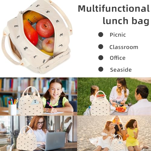 LEDAOU Lunch Box for Women Insulated Lunch Bag Corduroy Lunch Tote Bags Leakproof Cooler Lunch Case for Travel Work Picnic - color: Black bowtie -2